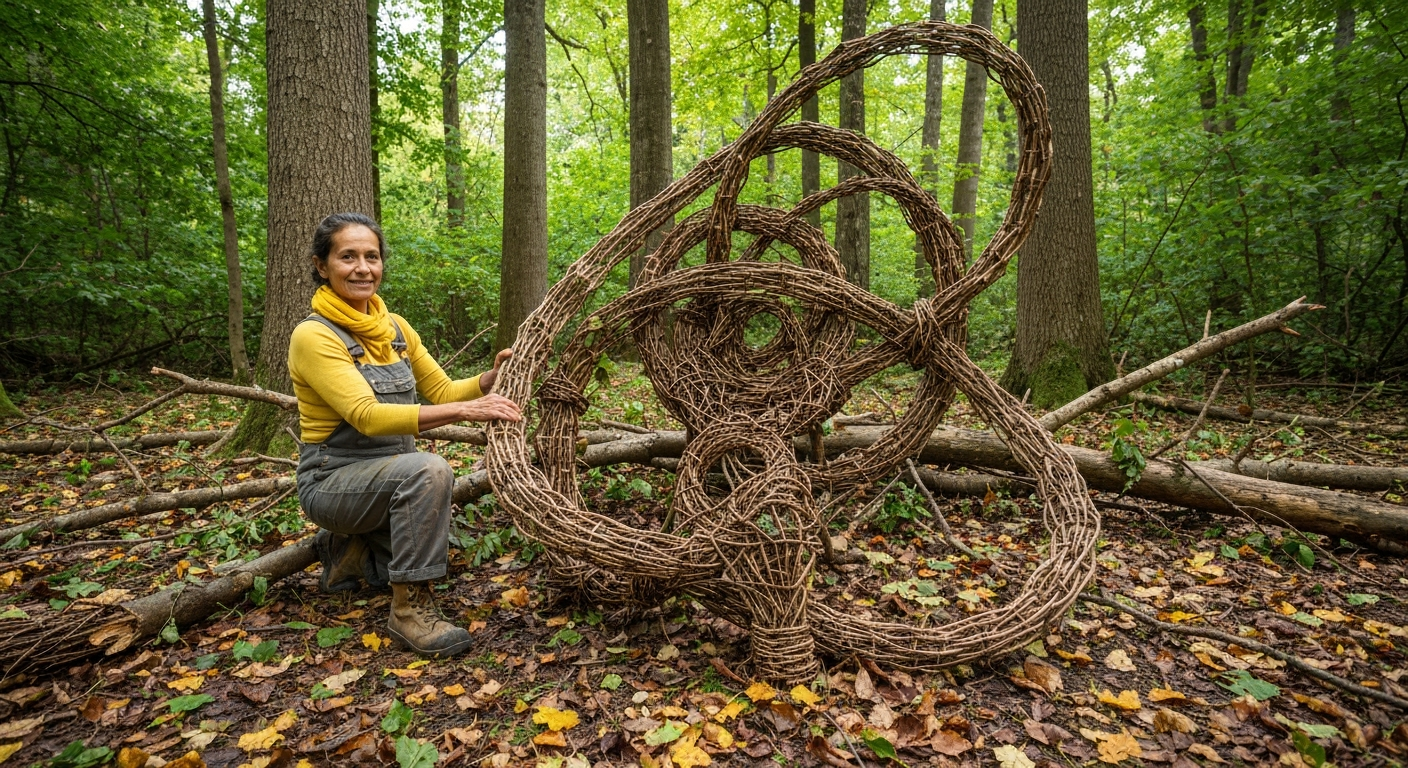 Artist builds sculpture with natural forest materials.