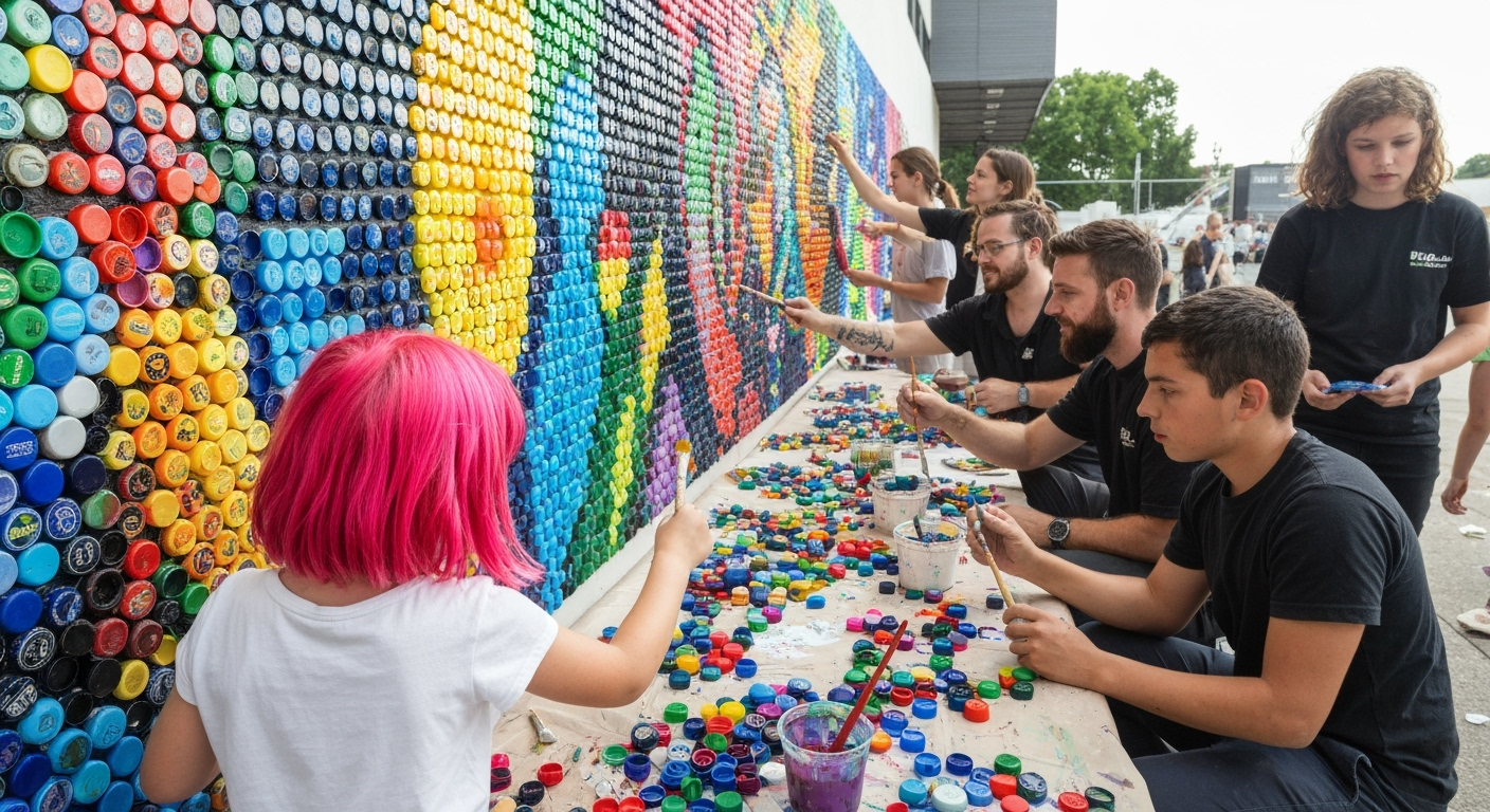 People create bottlecap mosaic.