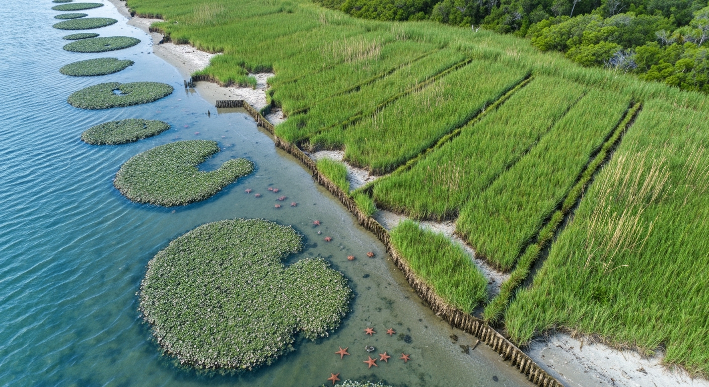 Living shoreline: plants and oyster reefs stabilize coast.