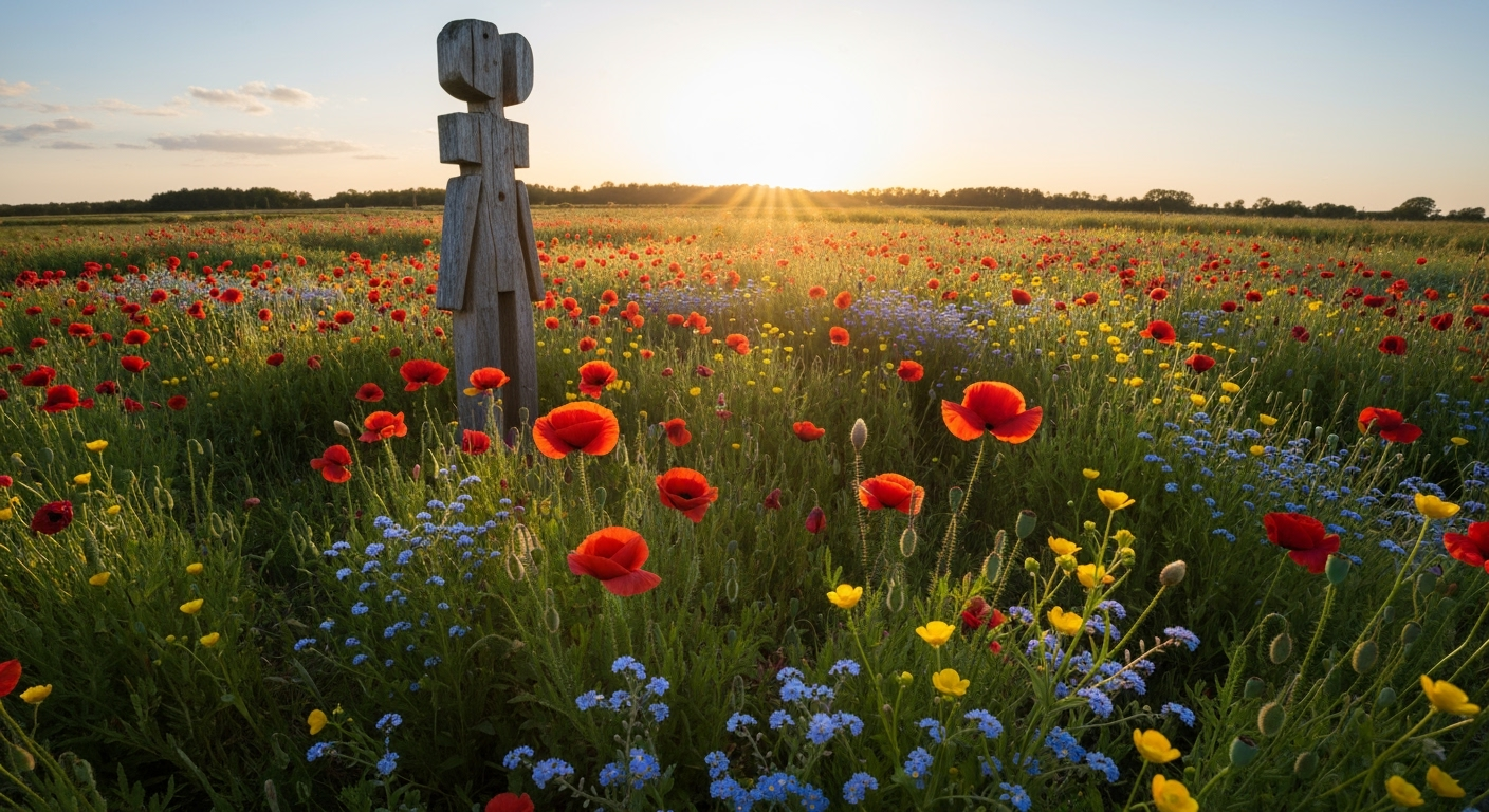 Wildflowers around wood sculpture