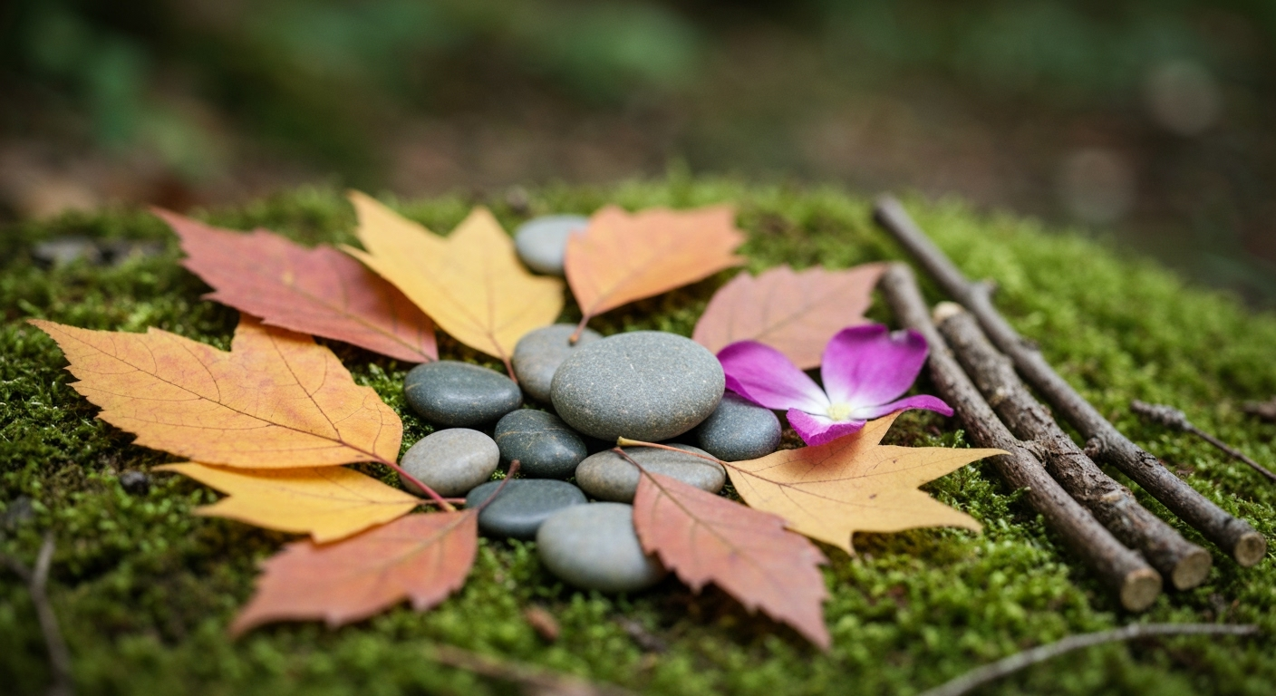Fall leaves, stones, twigs, and petals on moss