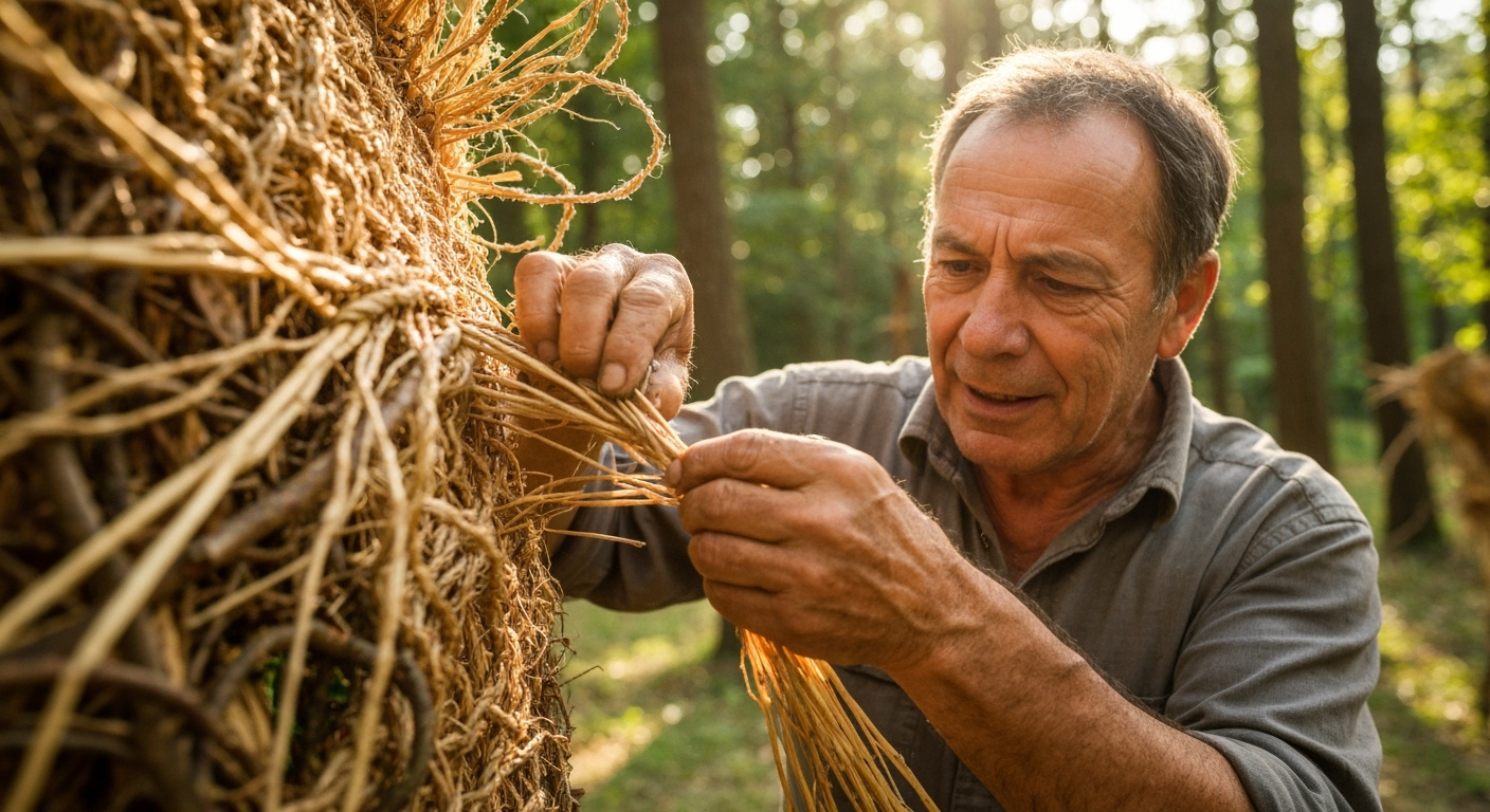 Artist weaving fiber sculpture in forest