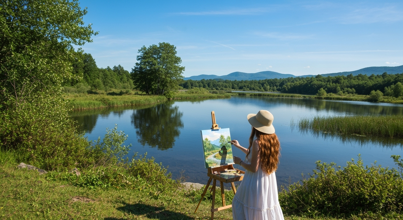Painter at easel by lake