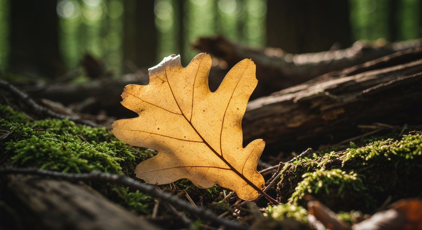 Leaf on forest floor, sunlit veins visible