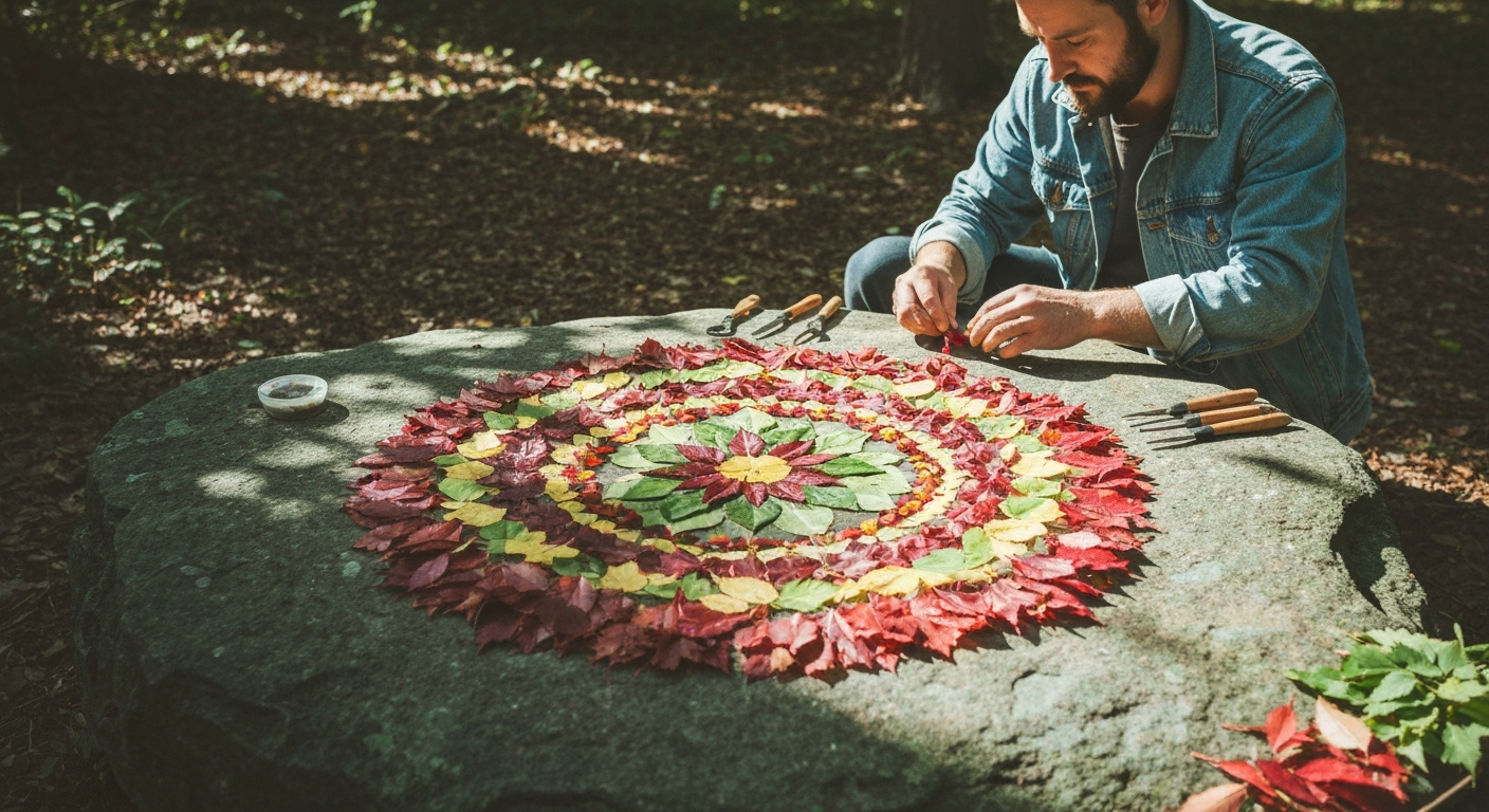 Artist creates leaf mosaic on rock